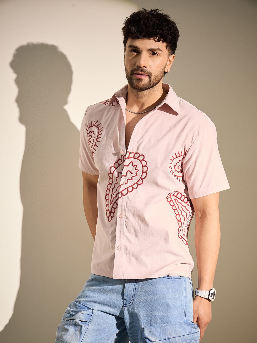 Baby Pink Paisley Embroidery Shirt