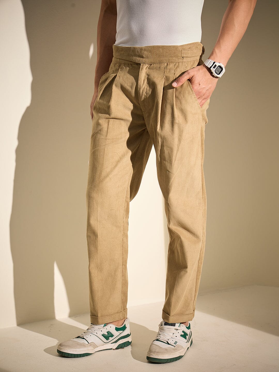 Taupe Pleated Corduroy Trousers