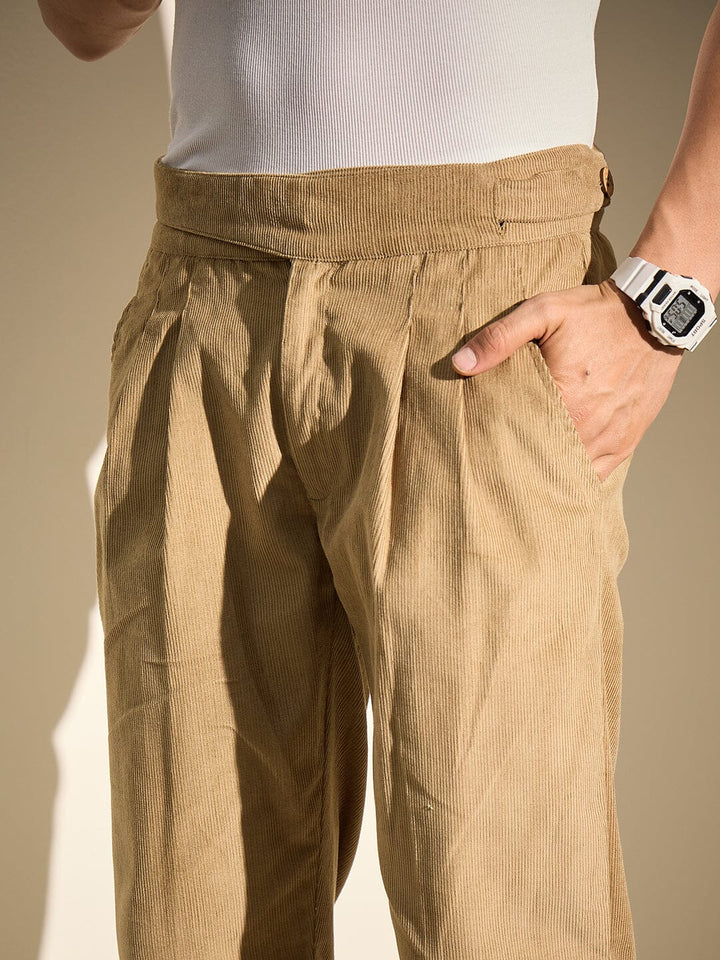 Taupe Pleated Corduroy Trousers