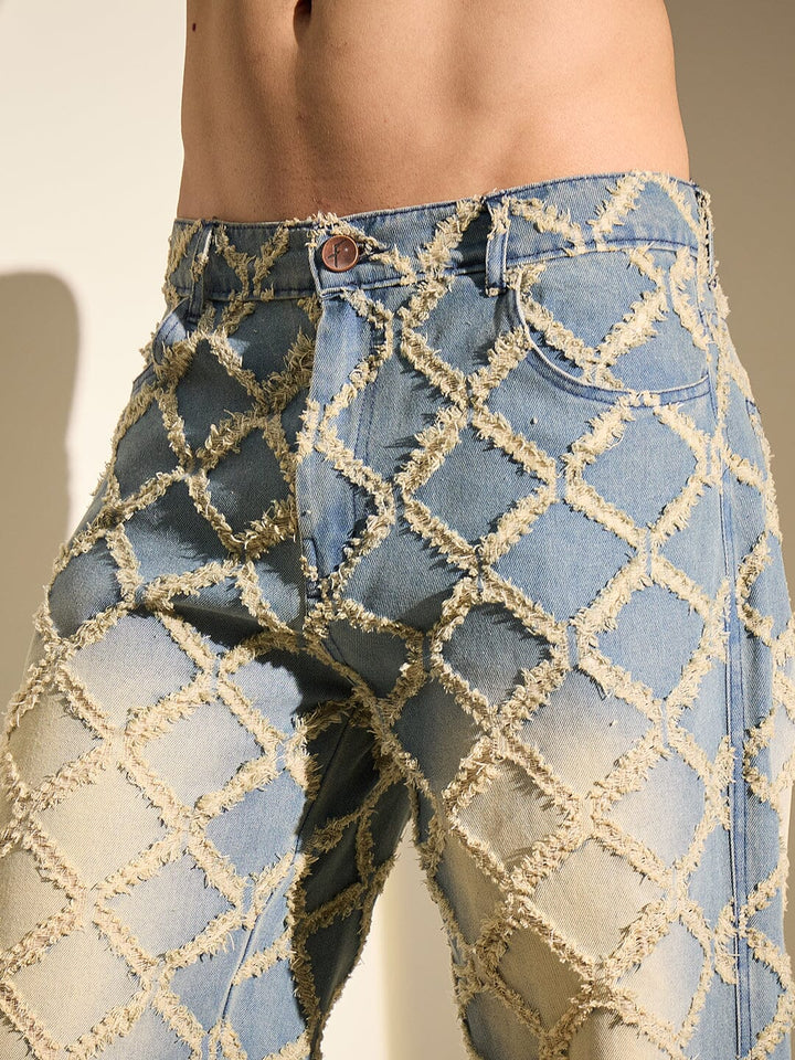 Indigo Distressed Pattern Straight Fit Denim