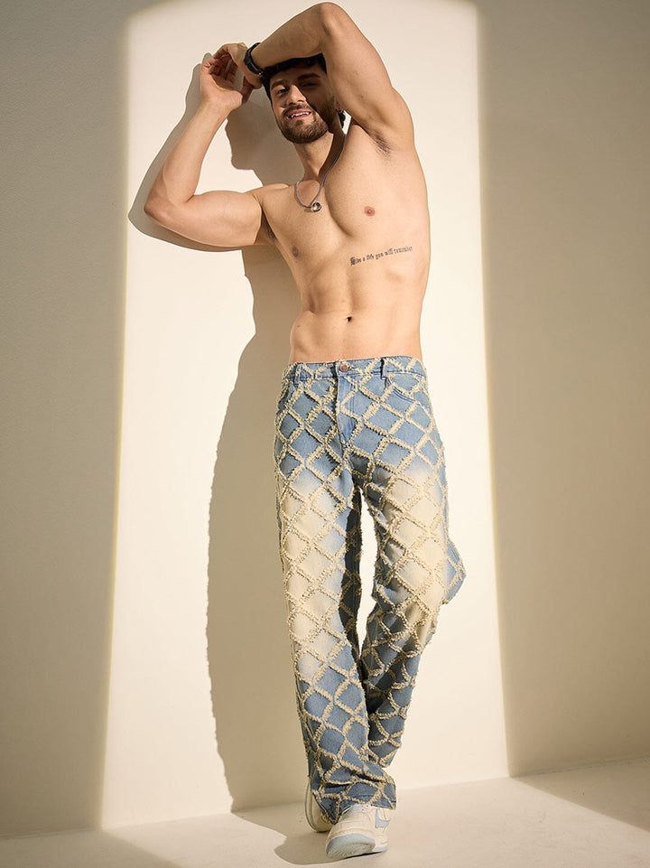 Indigo Distressed Pattern Straight Fit Denim