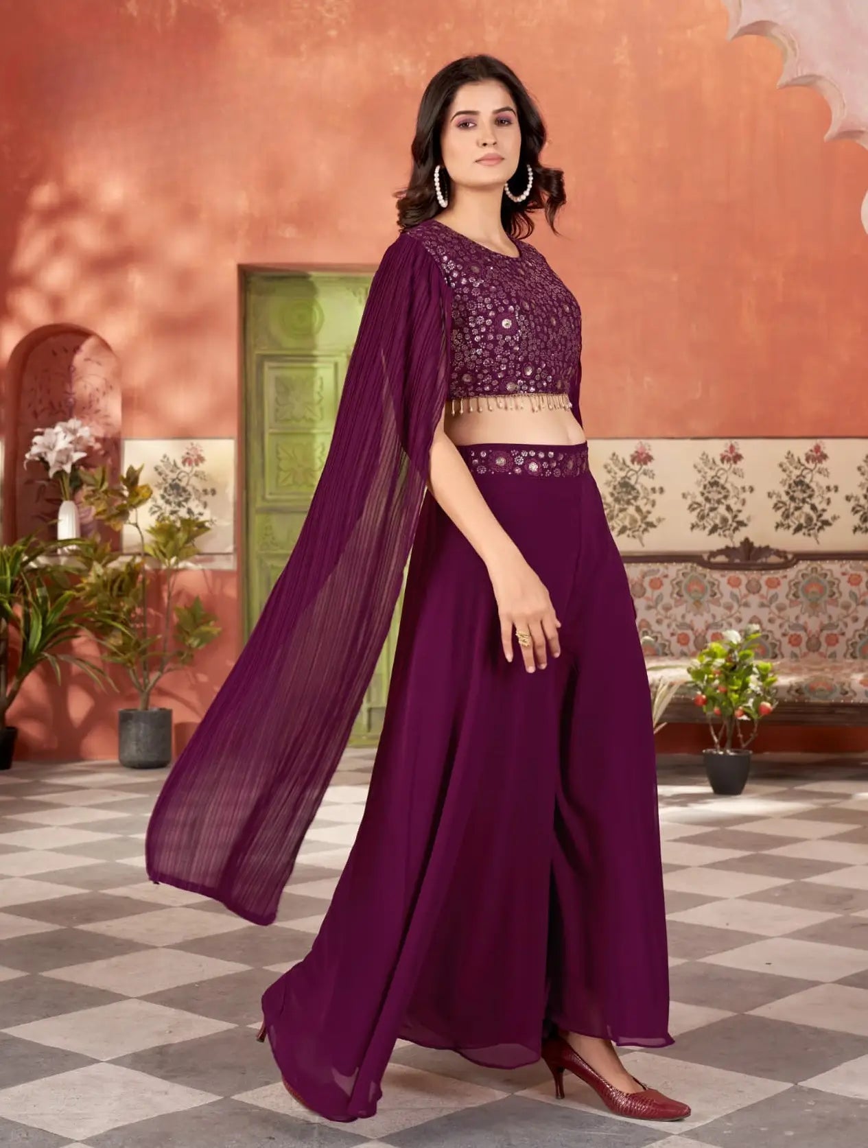 Designer Wine Georgette Indo Western With Sequins Work