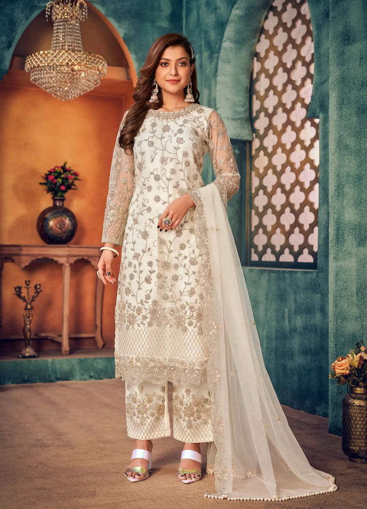 White Net Thread & Sequence Embroidery Work Salwar Suit - qivii
