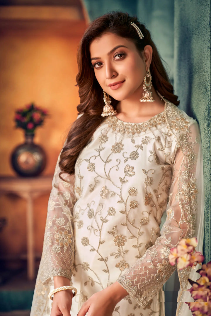 White Net Thread & Sequence Embroidery Work Salwar Suit - qivii