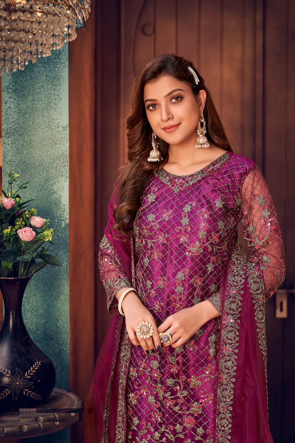 Dark Purple Net Thread & Sequence Embroidery Work Salwar Suit