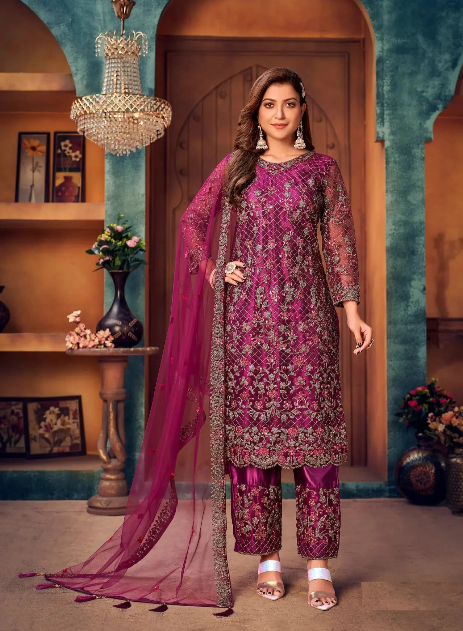 Dark Purple Net Thread & Sequence Embroidery Work Salwar Suit