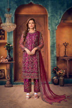 Dark Purple Net Thread & Sequence Embroidery Work Salwar Suit