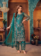 Teal Blue Net Thread & Sequence Embroidery Work Salwar Suit
