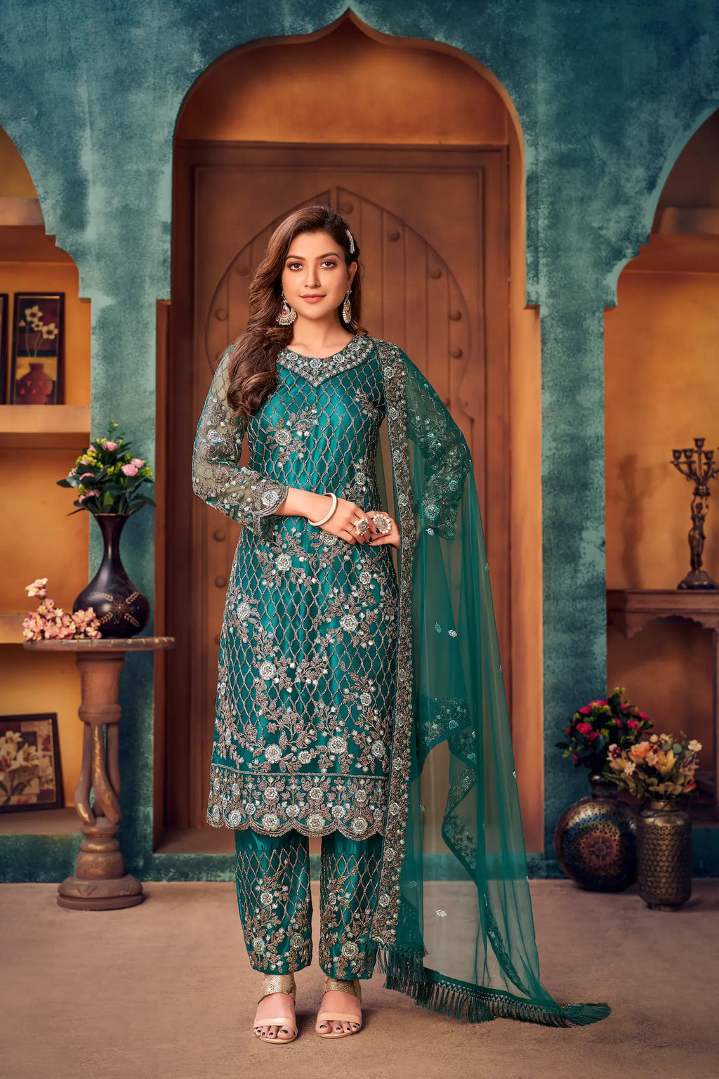 Teal Blue Net Thread & Sequence Embroidery Work Salwar Suit