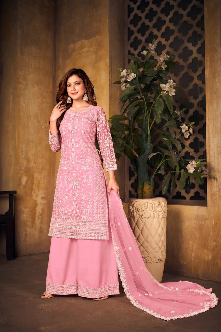 Light Pink Net Thread & Sequence Embroidery Work Salwar Suit - qivii