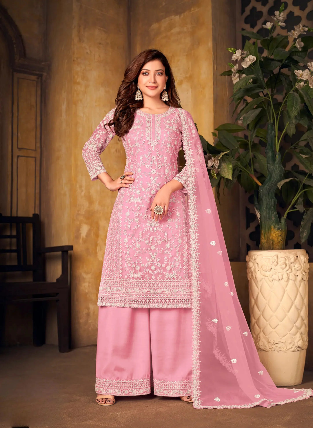 Light Pink Net Thread & Sequence Embroidery Work Salwar Suit - qivii
