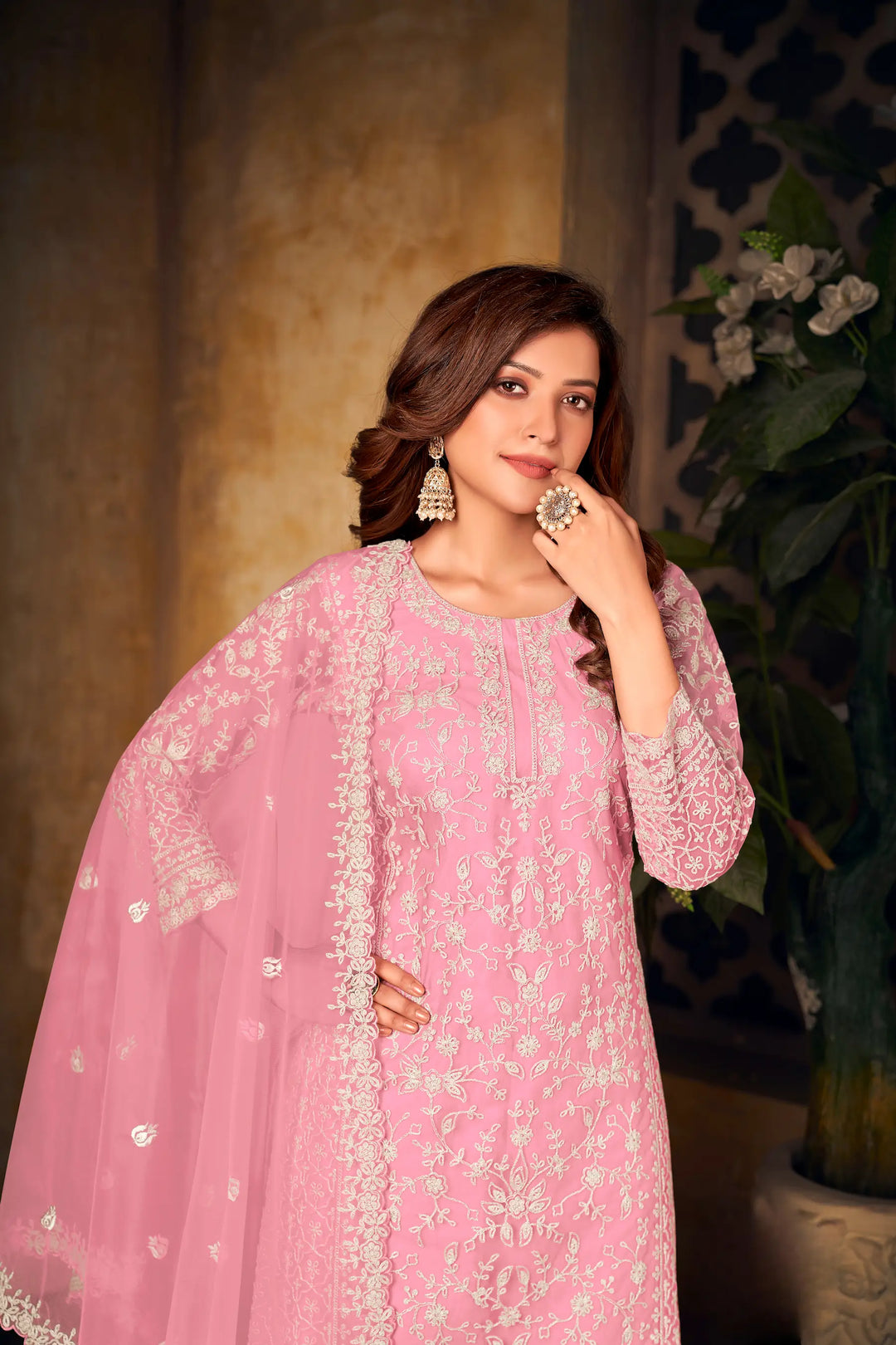 Light Pink Net Thread & Sequence Embroidery Work Salwar Suit - qivii
