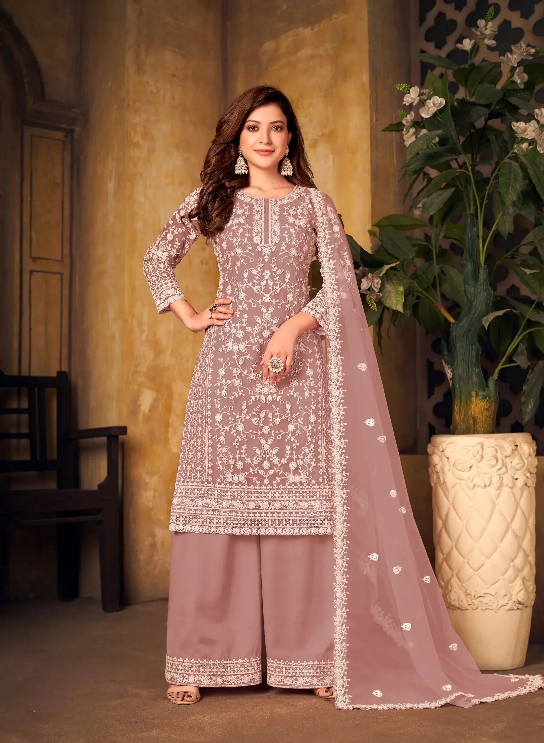 Dusty Peach Net Thread & Sequence Embroidery Work Salwar Suit