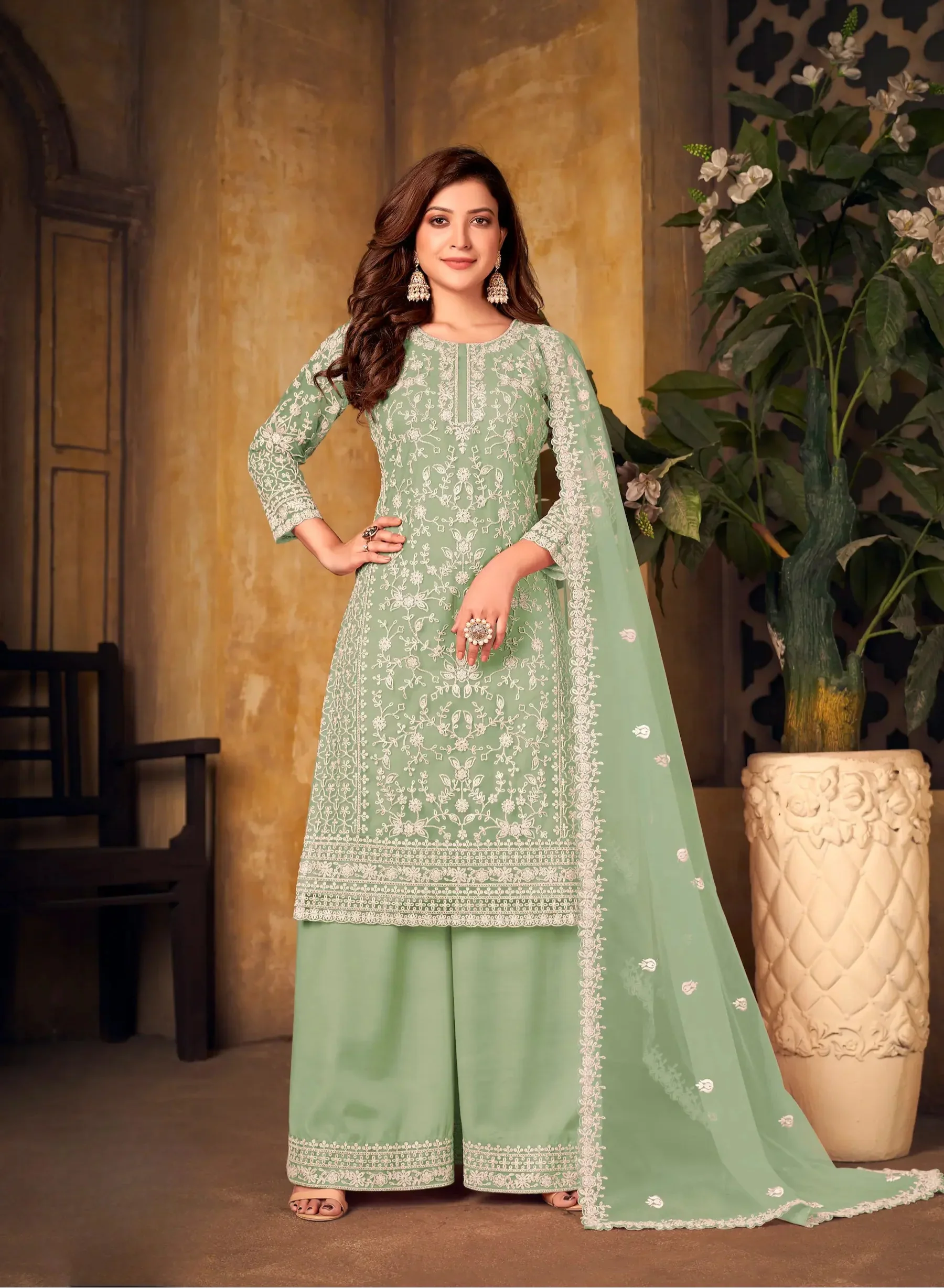 Pista Green Net Thread & Sequence Embroidery Work Salwar Suit