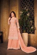 Peach Net Thread & Sequence Embroidery Work Salwar Suit