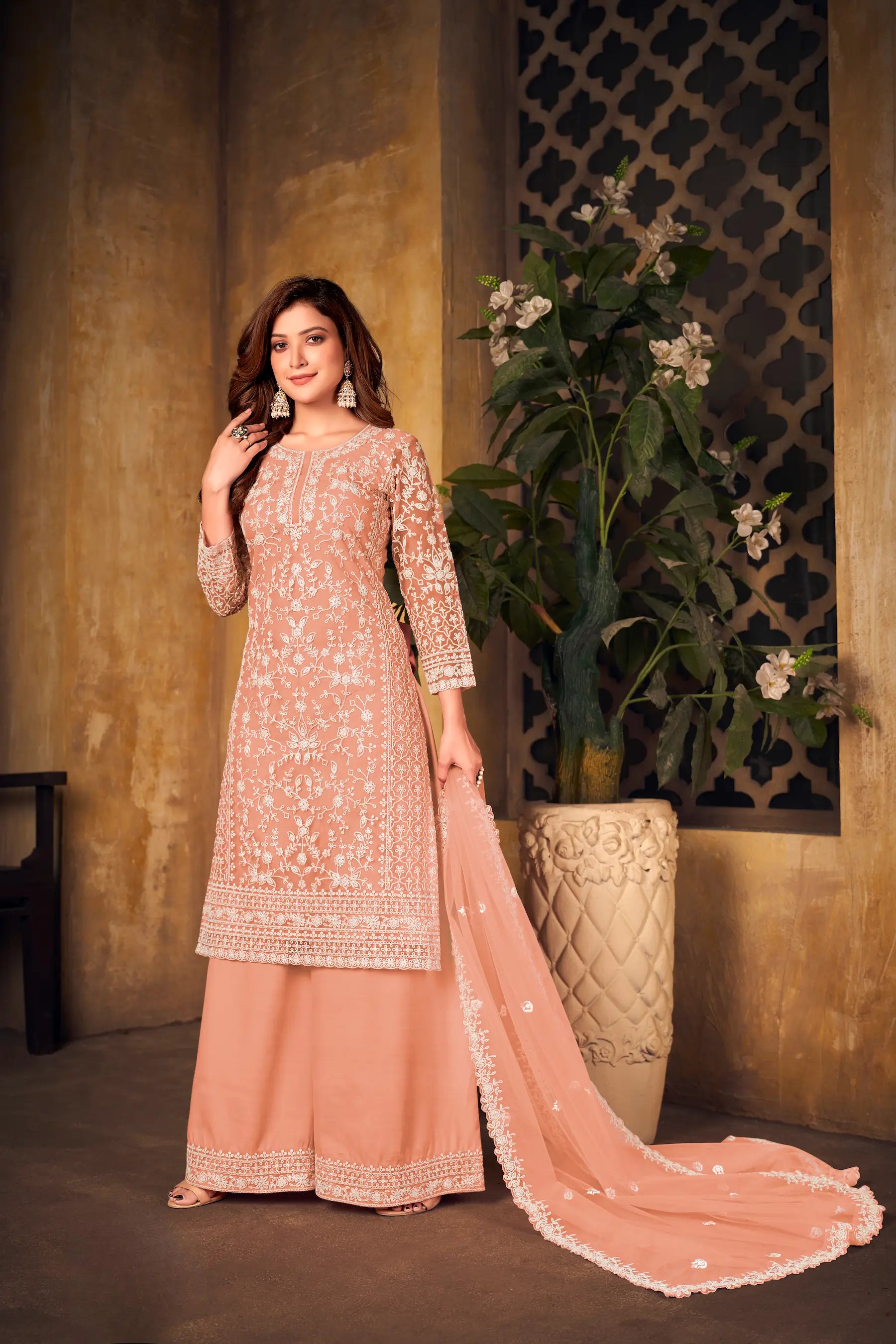 Peach Net Thread & Sequence Embroidery Work Salwar Suit