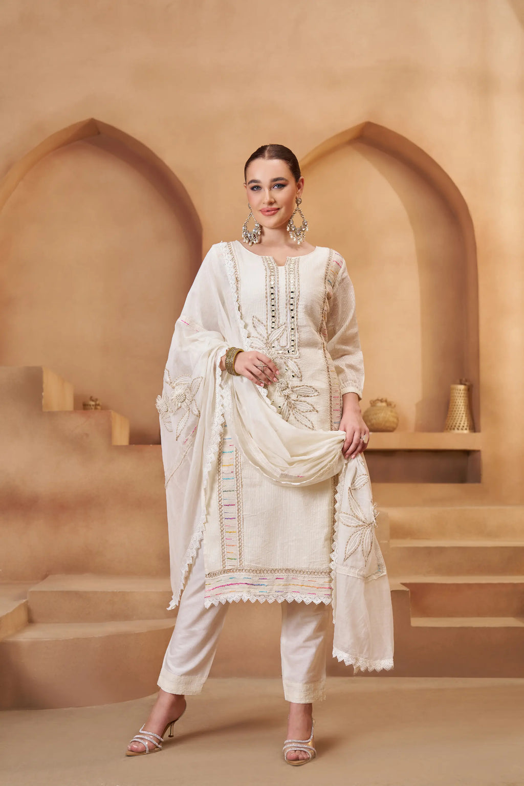 Off White Cotton Salwar Suit With Thread, Mirror & Joot Work