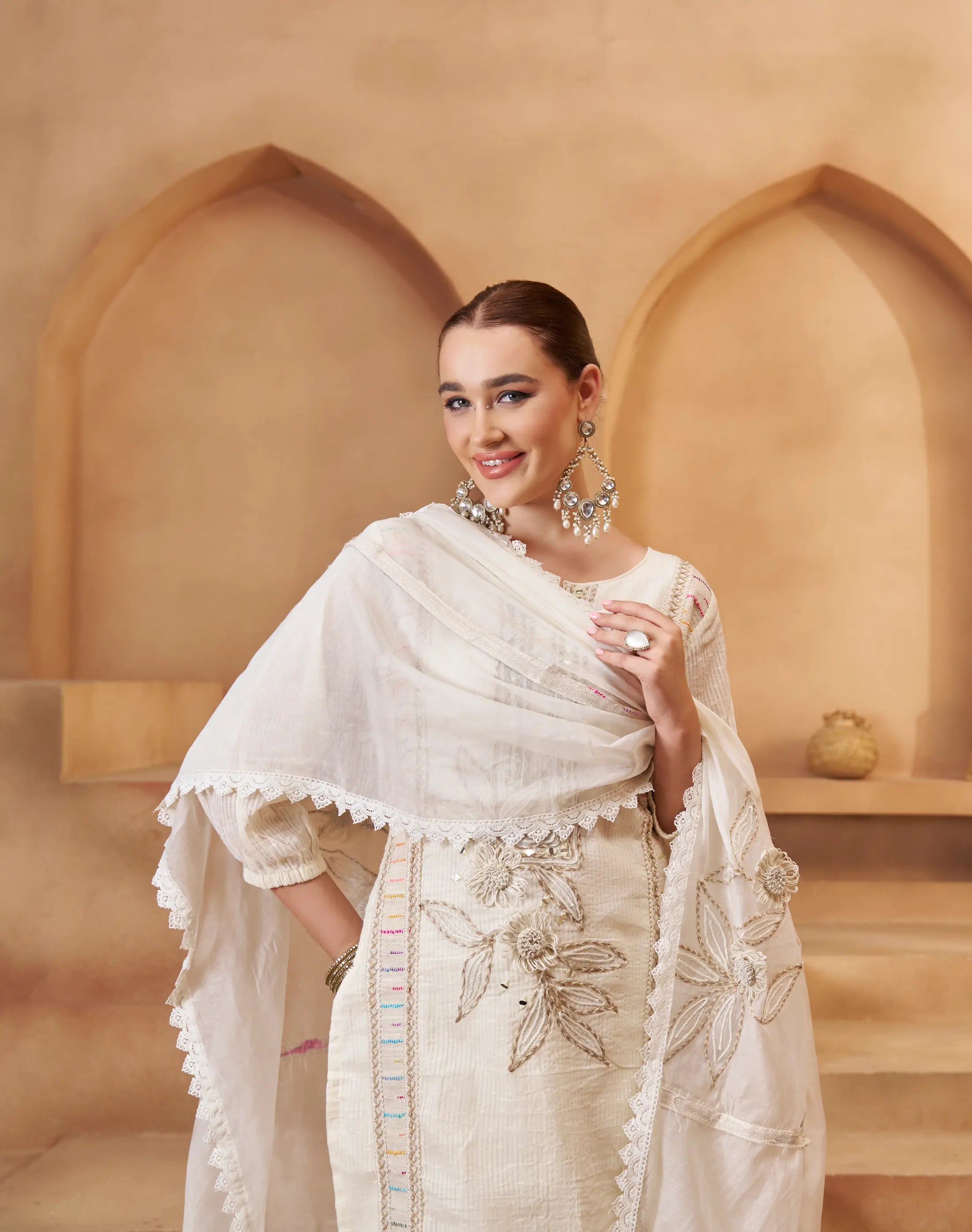 Off White Cotton Salwar Suit With Thread, Mirror & Joot Work