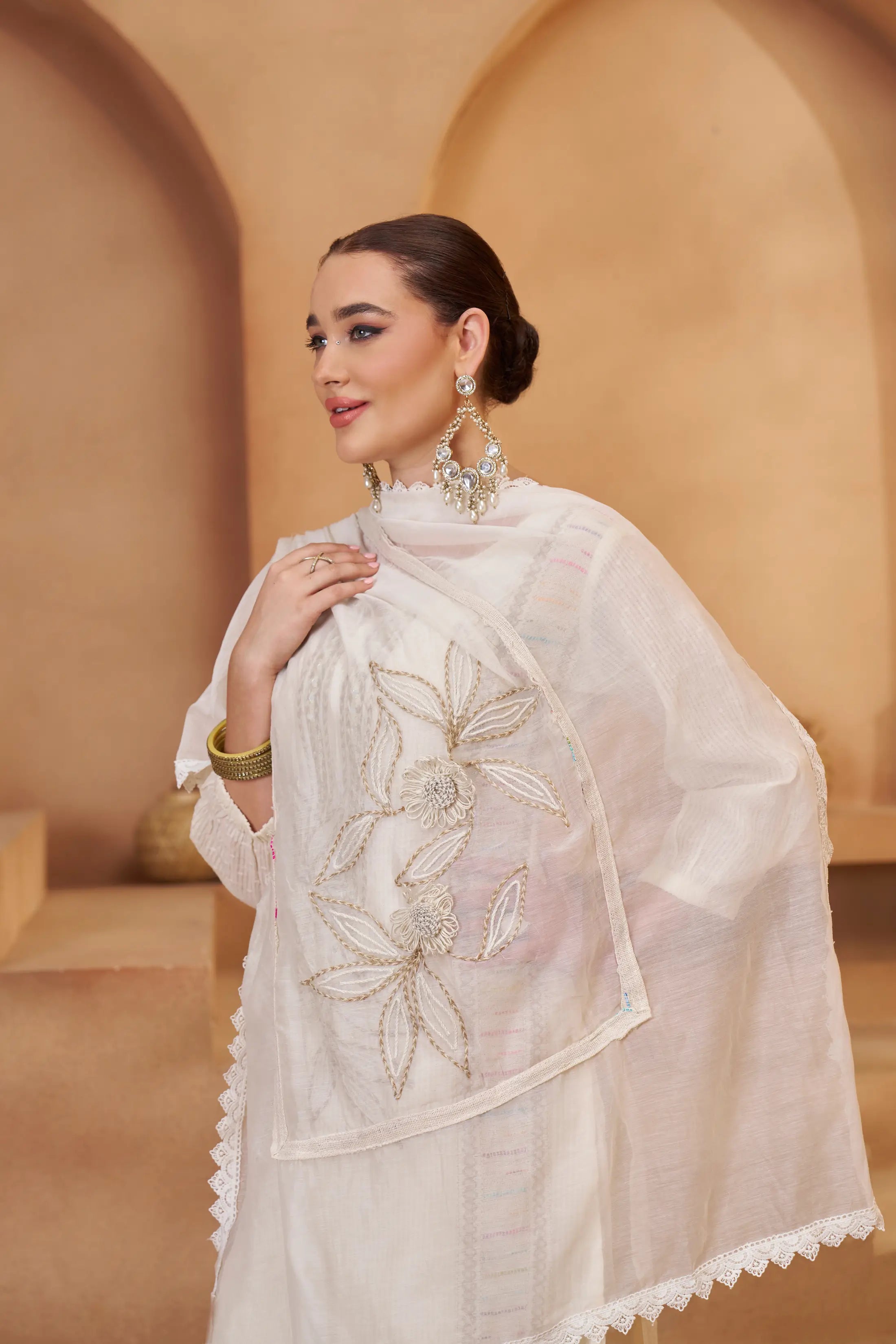 Off White Cotton Salwar Suit With Thread, Mirror & Joot Work