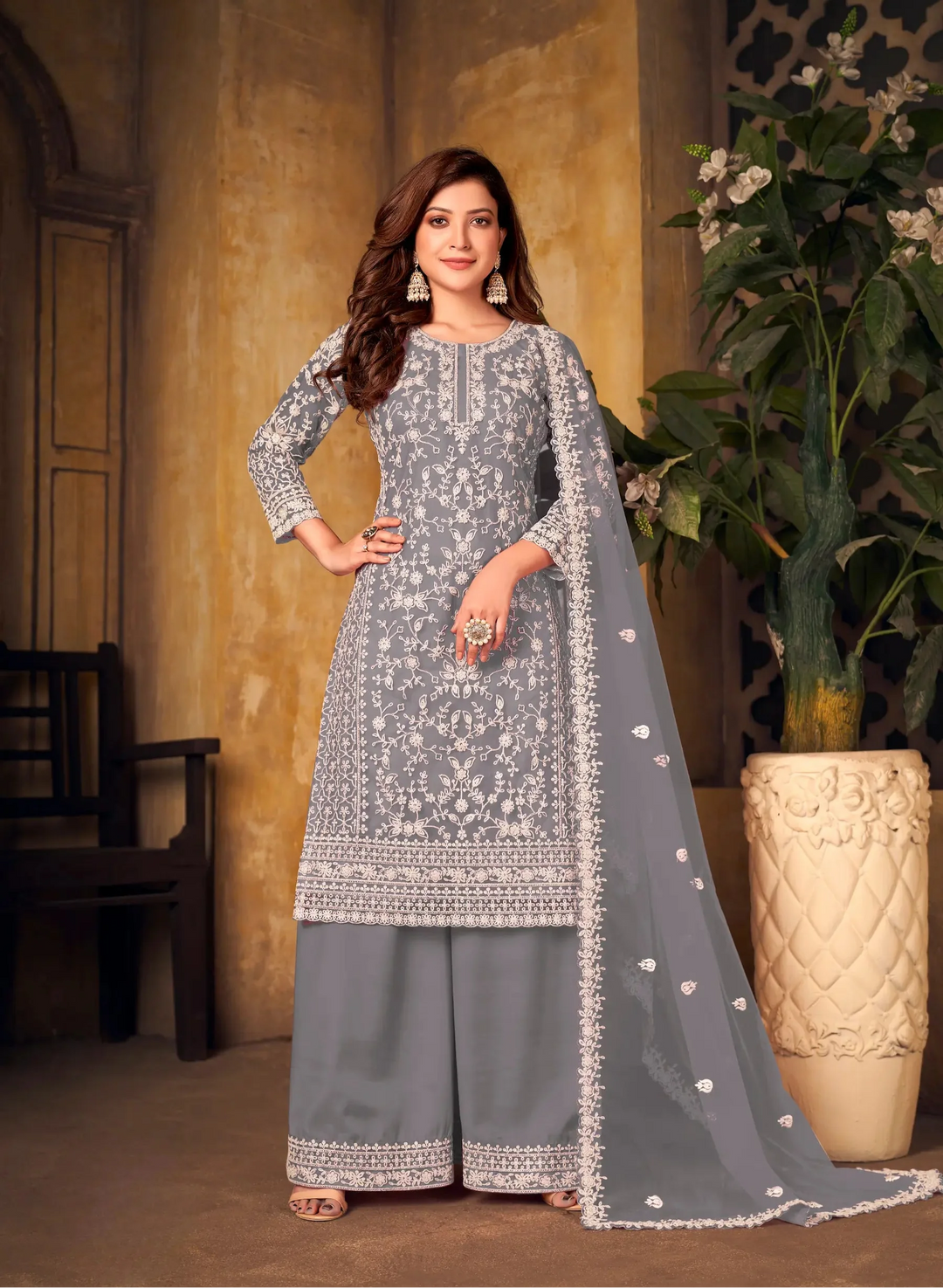 Grey Net Thread & Sequence Embroidery Work Salwar Suit - qivii