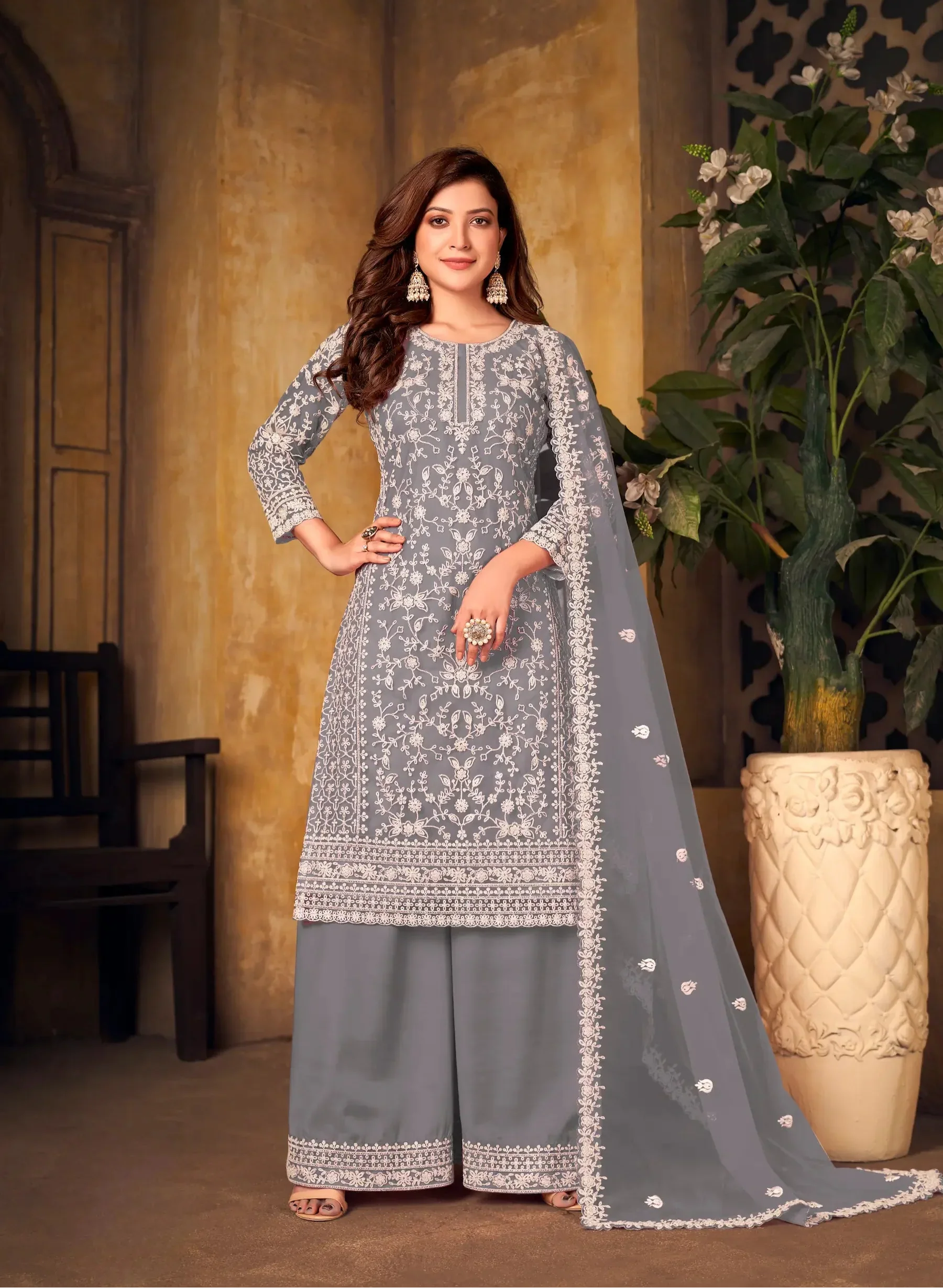 Grey Net Thread & Sequence Embroidery Work Salwar Suit