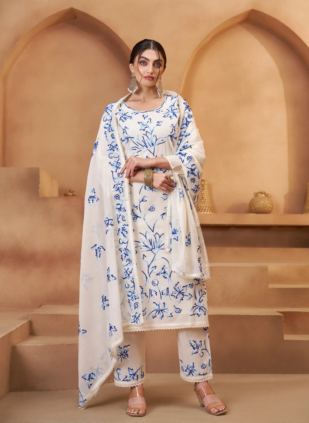 Off White Cotton Salwar Suit With Thread Embroidery Work