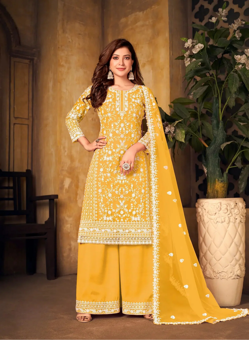 Yellow Net Thread & Sequence Embroidery Work Salwar Suit
