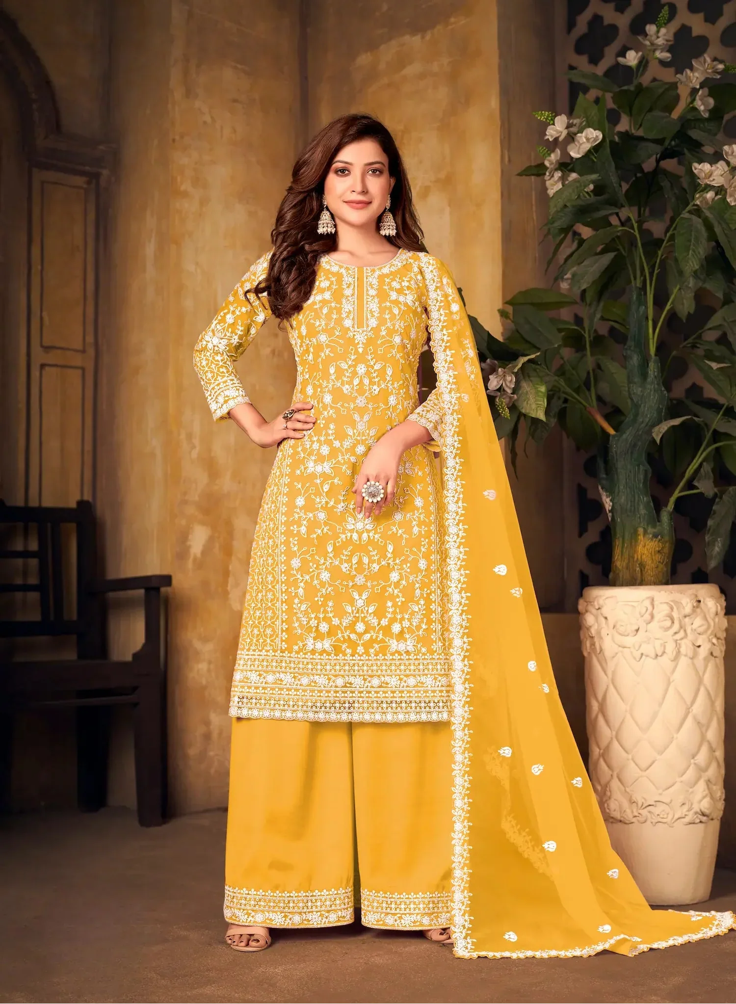 Yellow Net Thread & Sequence Embroidery Work Salwar Suit