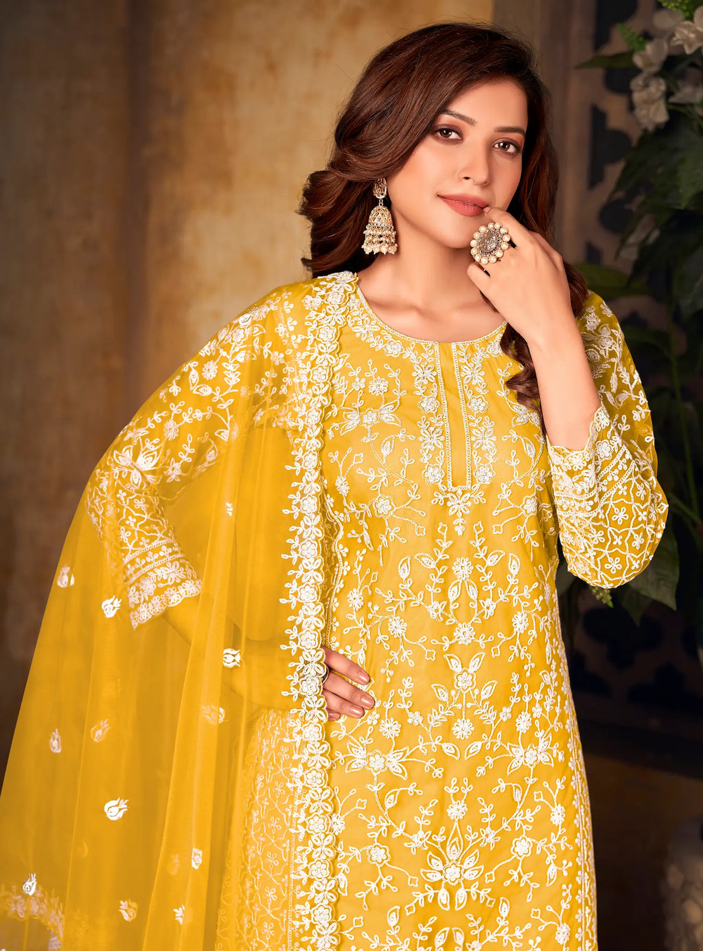Yellow Net Thread & Sequence Embroidery Work Salwar Suit