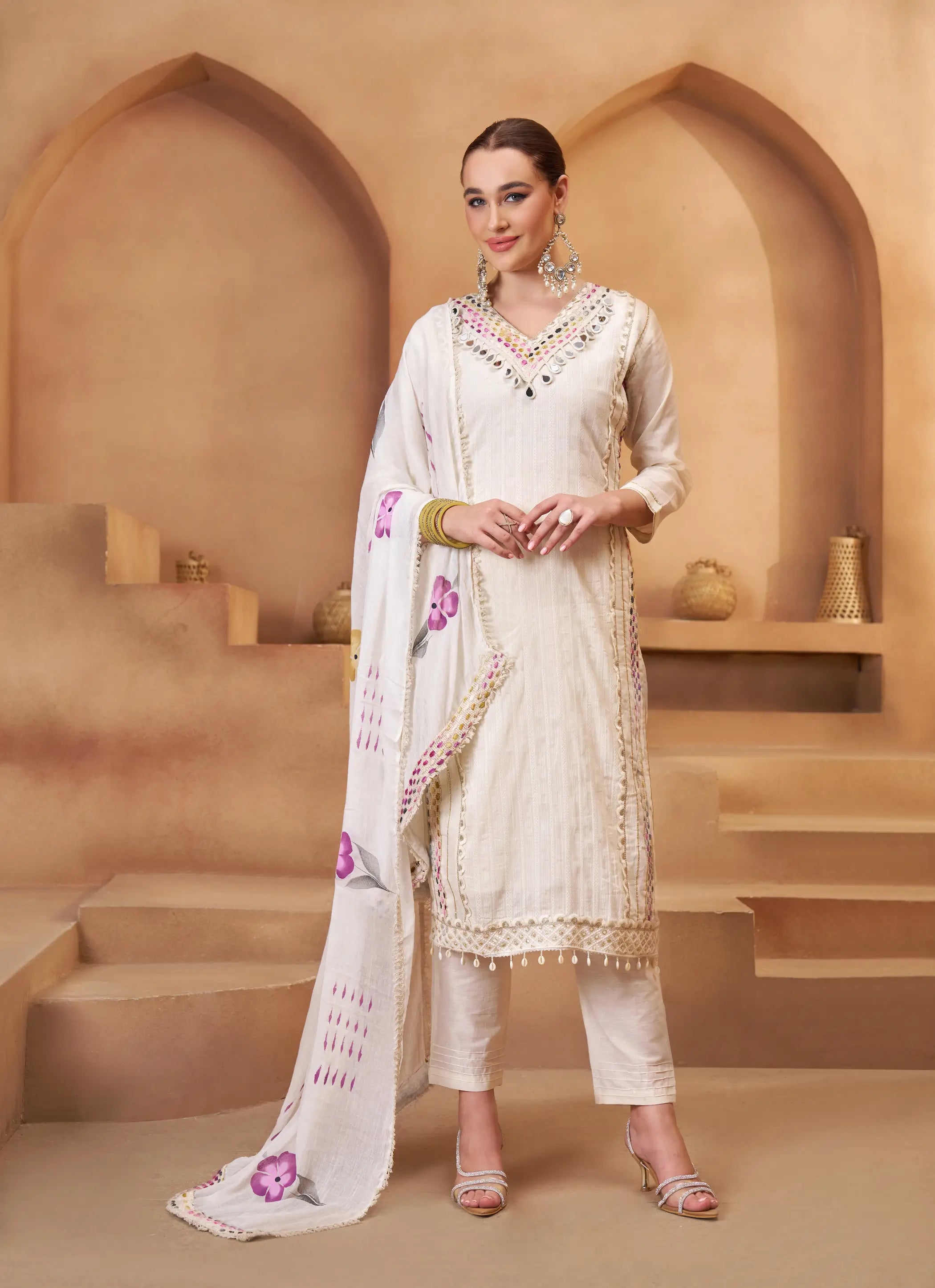 Off White Cotton Salwar Suit With Print, Thread & Mirror Work