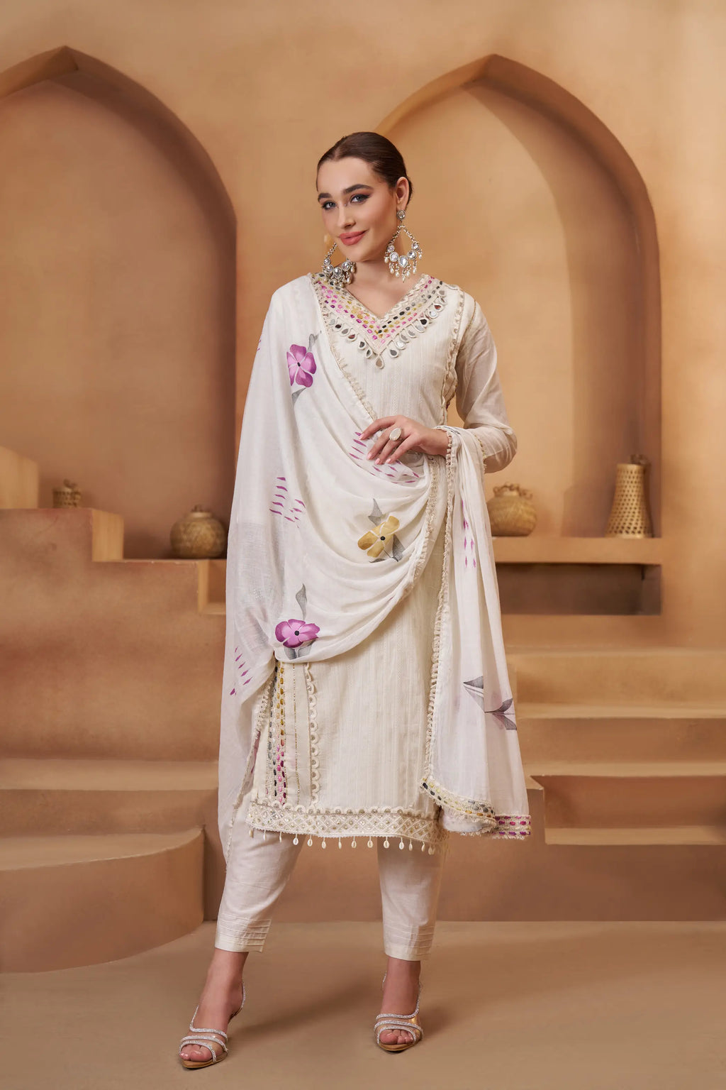 Off White Cotton Salwar Suit With Print, Thread & Mirror Work