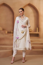 Off White Cotton Salwar Suit With Print, Thread & Mirror Work