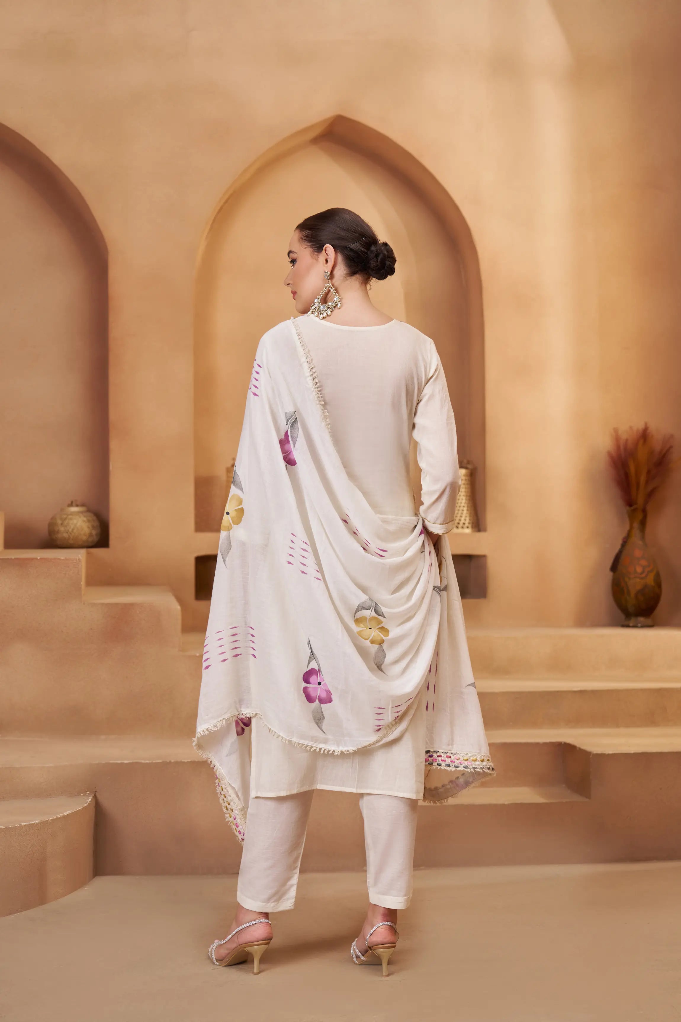 Off White Cotton Salwar Suit With Print, Thread & Mirror Work