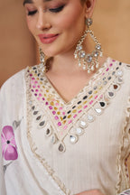 Off White Cotton Salwar Suit With Print, Thread & Mirror Work