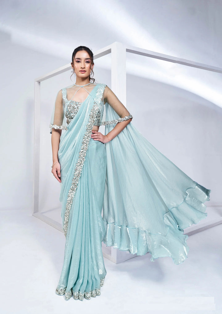 Sky Satin Silk Ready To Wear One Minute Saree With Heavy Handwork Blouse - qivii