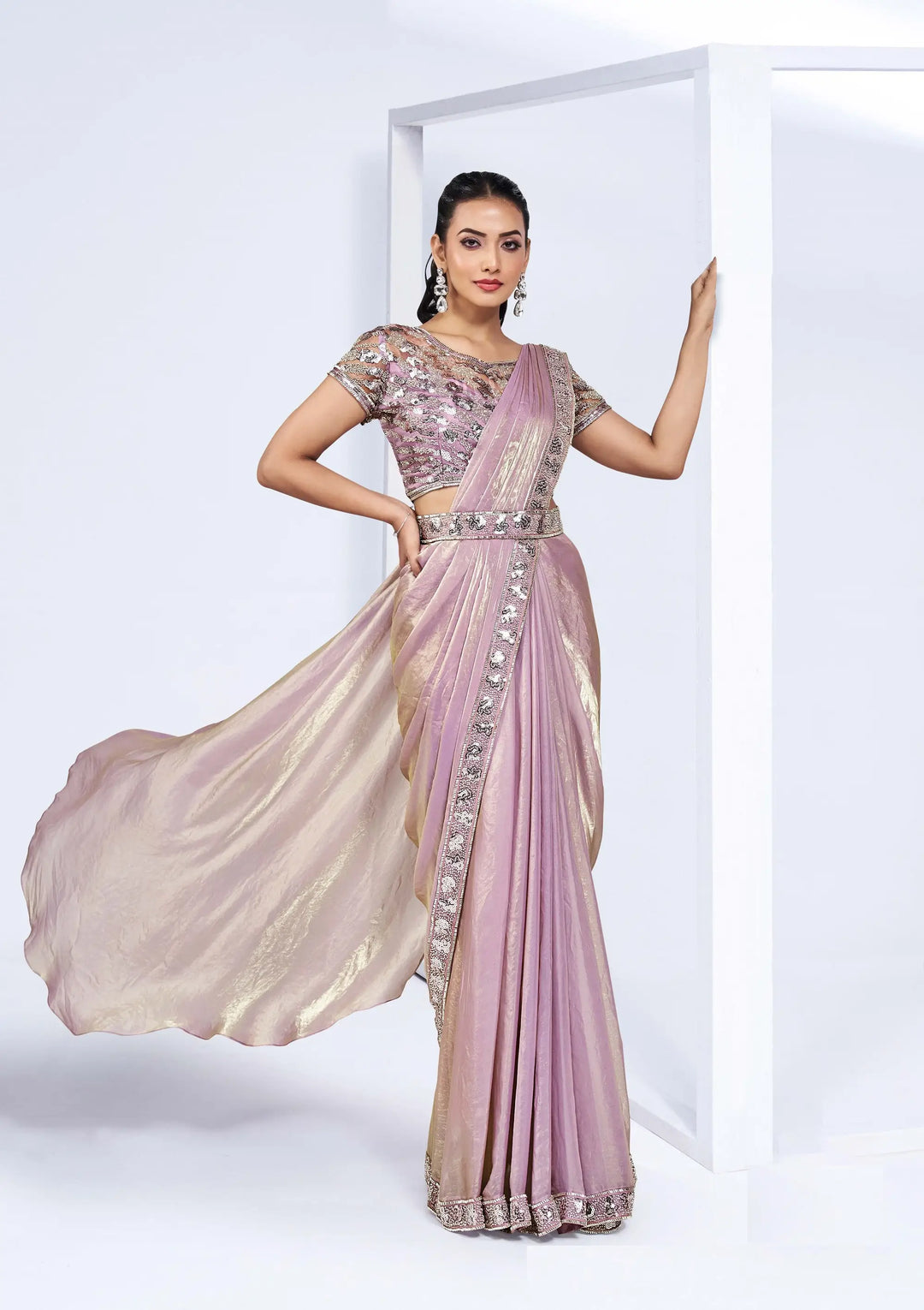 Lavender Satin Silk Ready To Wear One Minute Saree With Handwork Blouse - qivii