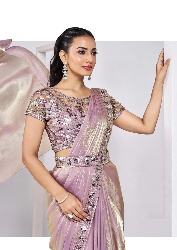 Lavender Satin Silk Ready To Wear One Minute Saree With Handwork Blouse - qivii