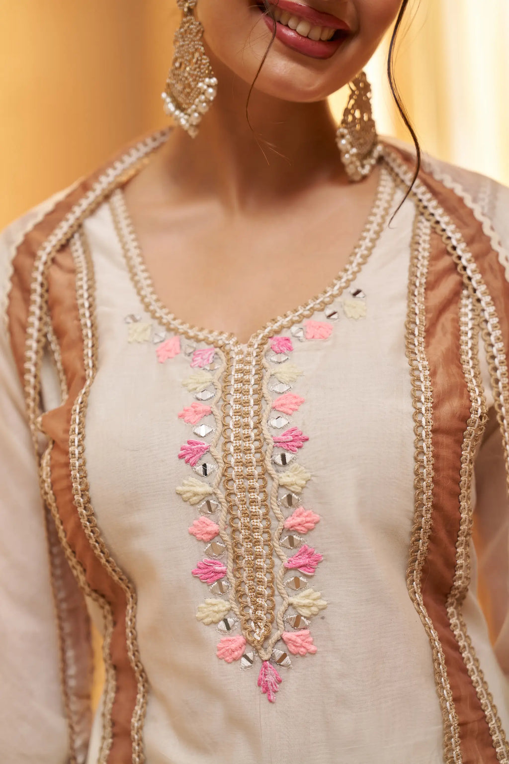 Off White Cotton Salwar Suit With Mirror, Thread & Joot Work