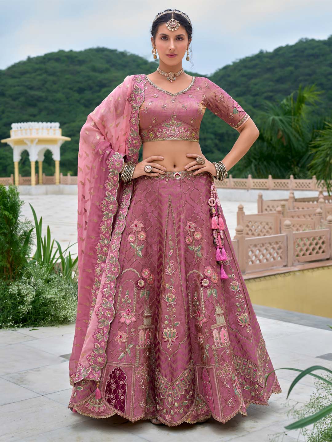 Rosegold Color Patch-Work & Cut-Work Silk Embroidered Semi Stitched Lehenga Choli - qivii