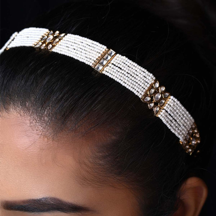 Shilpa White Pearls Gold Plated Kundan Sheesh Phool - qivii