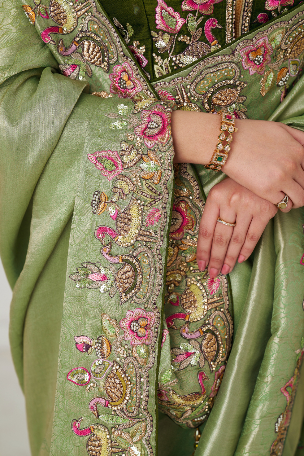 Mehendi Color Saree With Multi-thread And Sequins Embroidery For Wedding - qivii