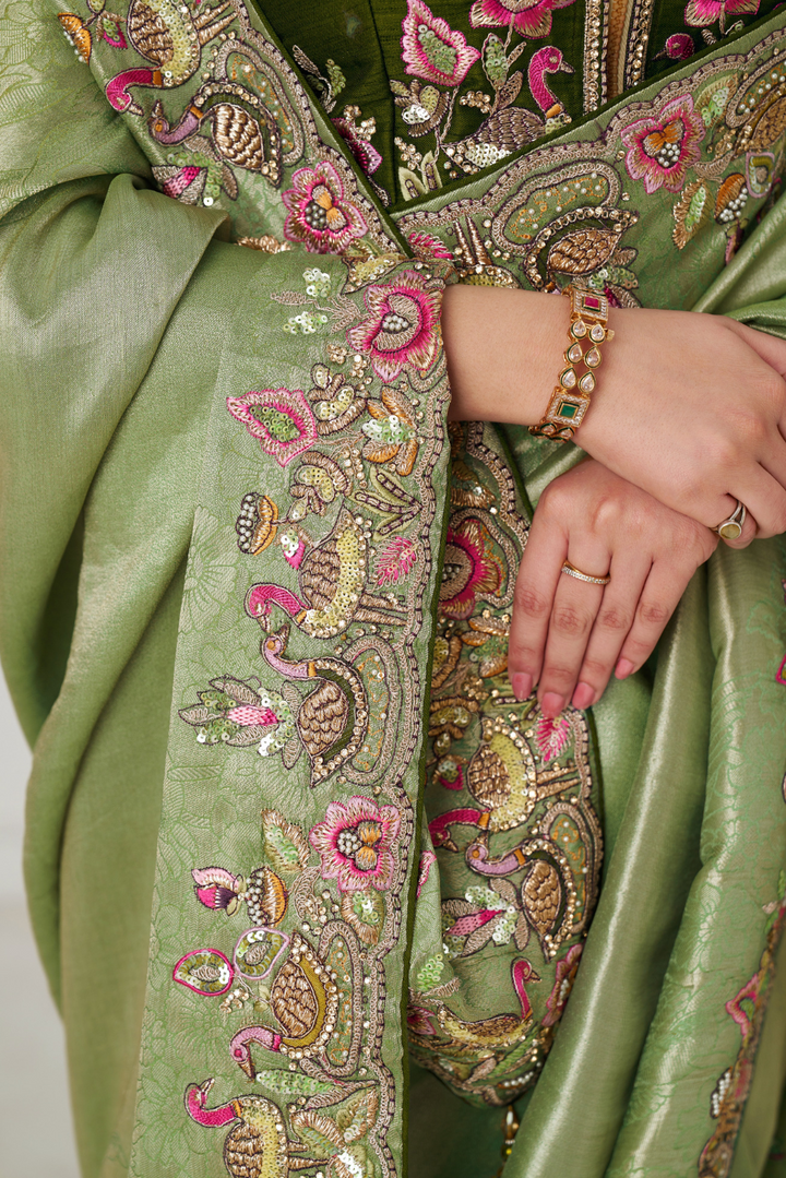 Mehendi Color Saree With Multi-thread And Sequins Embroidery For Wedding - qivii