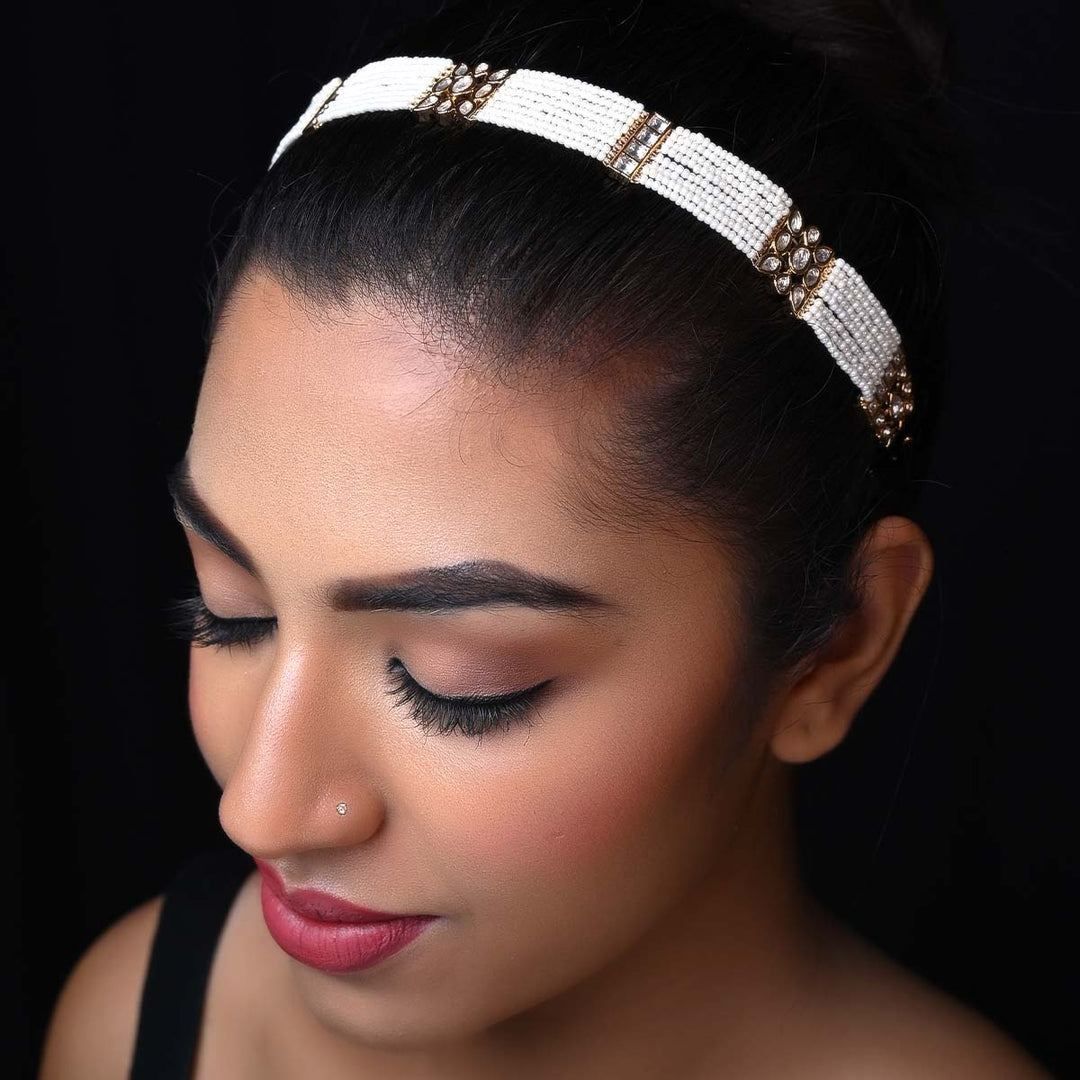 Shilpa White Pearls Gold Plated Kundan Sheesh Phool - qivii