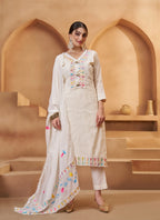 Off White Cotton Salwar Suit With Print, Thread & Joot Work