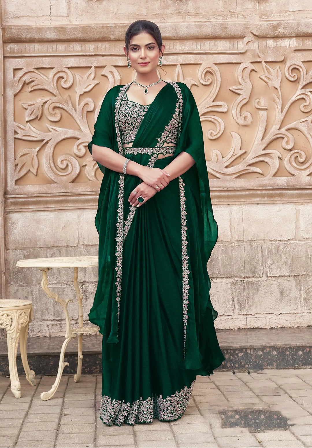 Dark Green Sequins With Hand Work Ready To Wear Saree With Cap - qivii