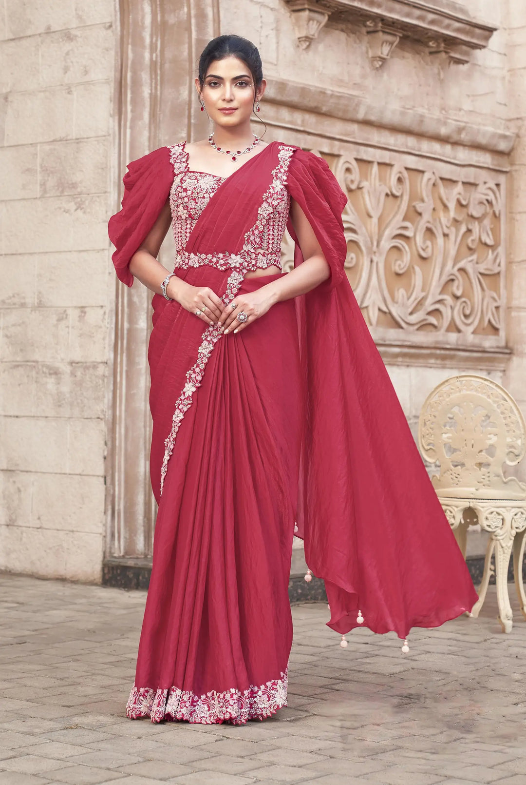 Light Maroon Duel Sequins With Hand Work Ready To Wear Saree With Belt - qivii