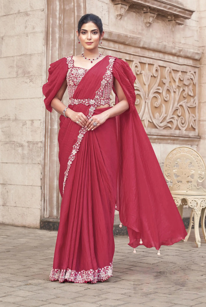 Light Maroon Duel Sequins With Hand Work Ready To Wear Saree With Belt - qivii