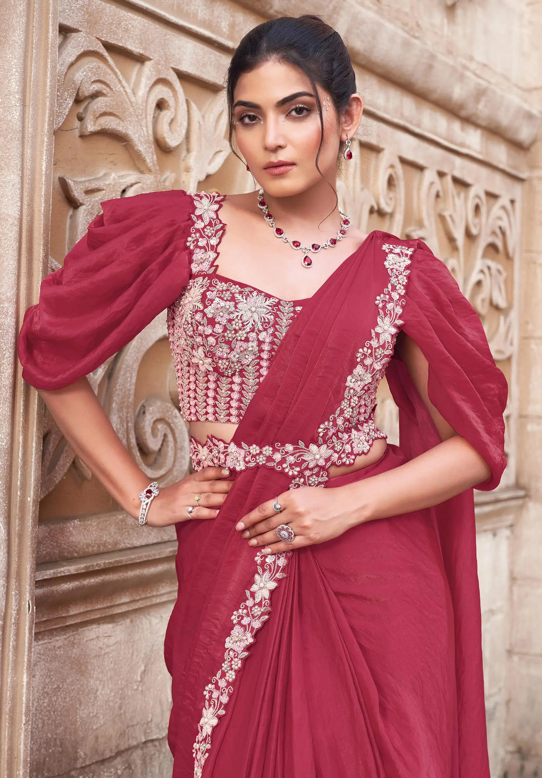 Light Maroon Duel Sequins With Hand Work Ready To Wear Saree With Belt - qivii