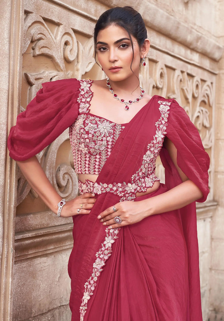 Light Maroon Duel Sequins With Hand Work Ready To Wear Saree With Belt - qivii