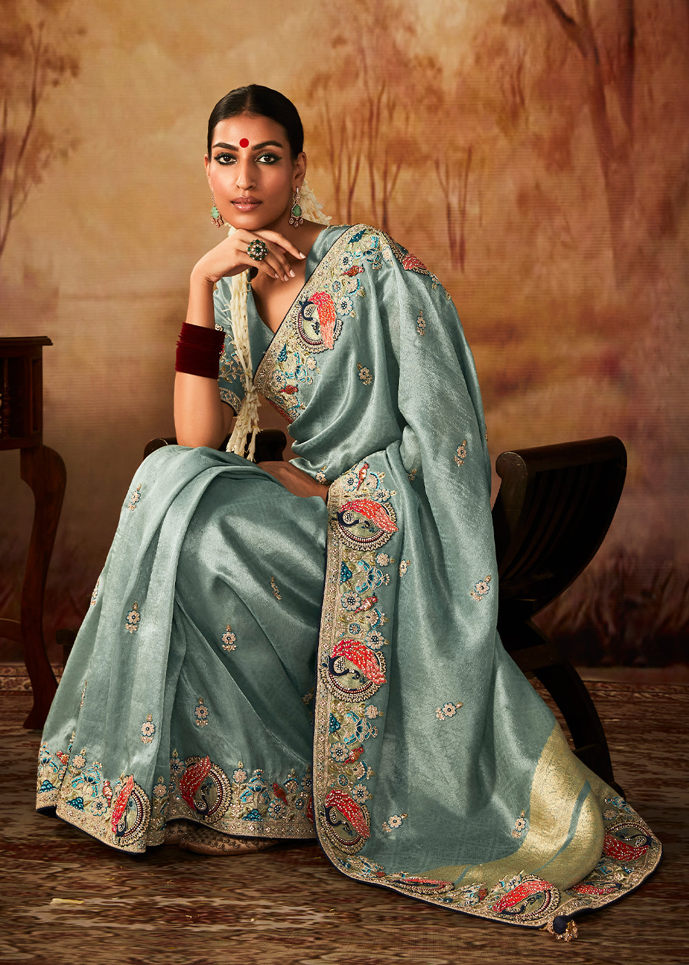 Columbia Blue Woven Banarasi Silk Saree with Sequin,Stone,Zardosi,Khatli & Pearl work - qivii